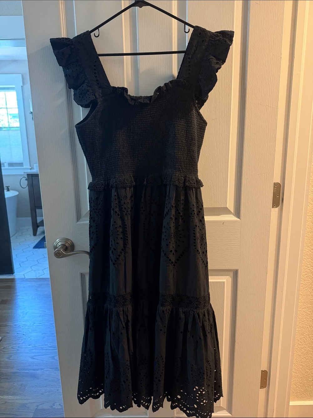 Smocked Black Eyelet Midi Dress with Ruffle Straps